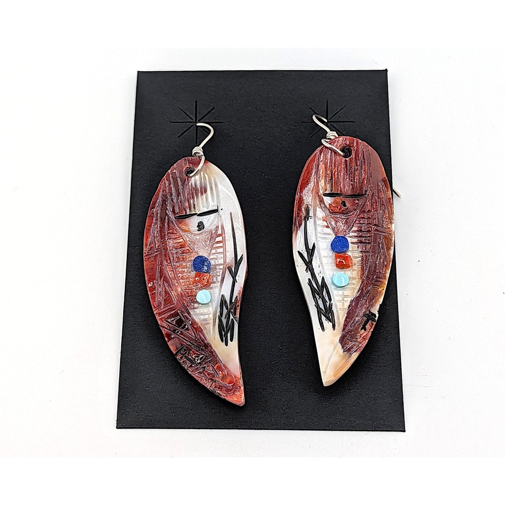 Handmade Native Earrings Purple Kachina Shell Zuni Pueblo Art by G. Chattin ** - Picture 3 of 8